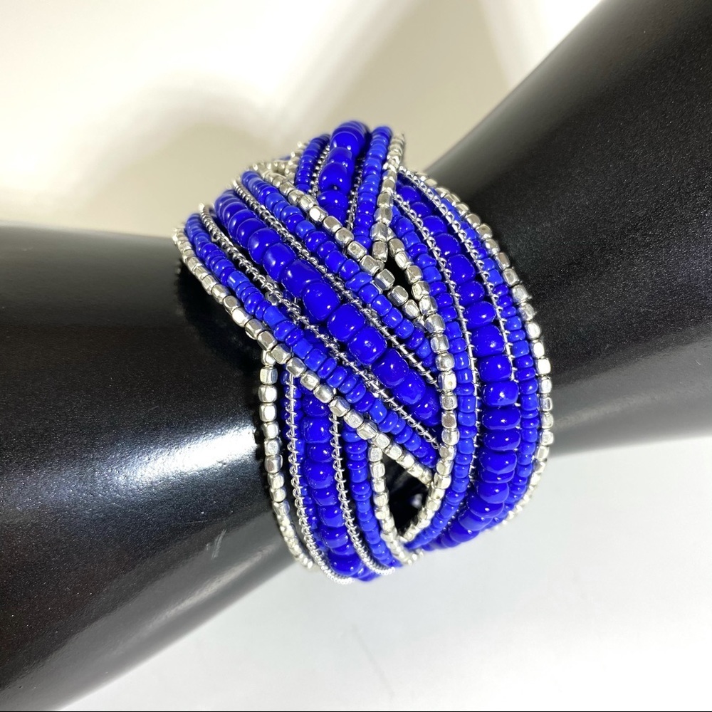 Vintage woven seed bead blue silver cuff bracelet
